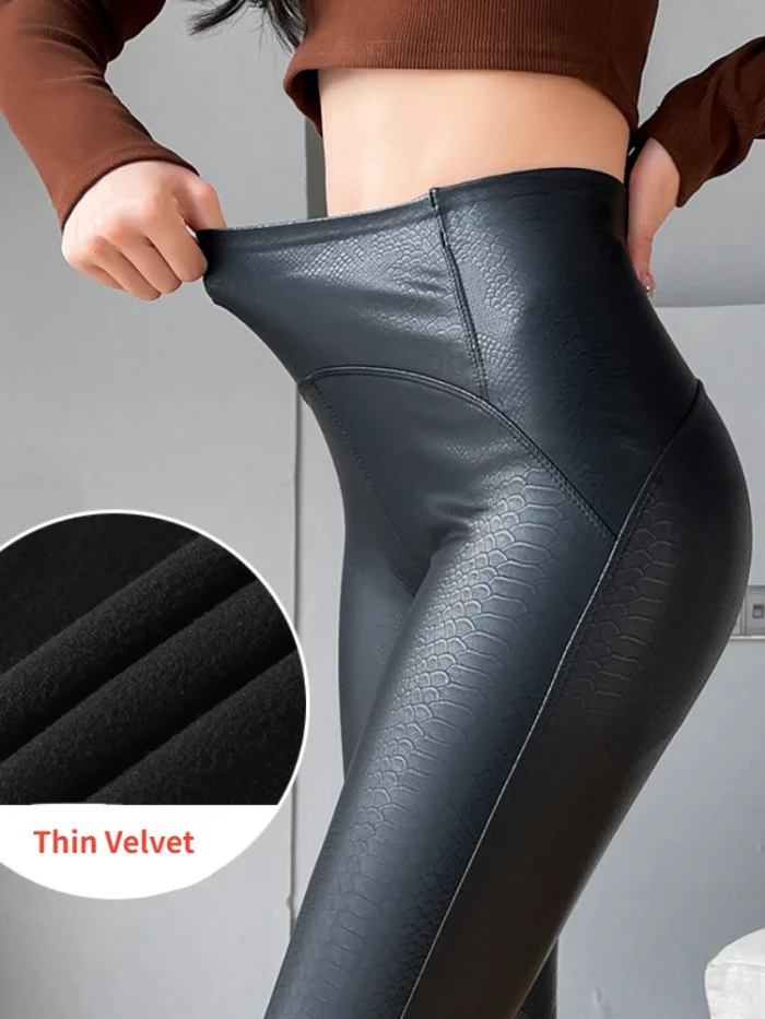 2023 Autumn Sexy Slimming Pu Leather Leggings Women Winter Black High Waist Tights Stretch Soft Thin Fleece Leggings Female Pant