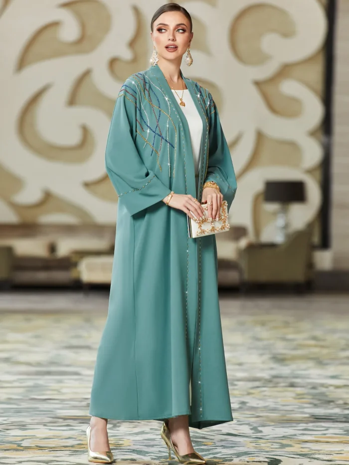 Autumn New ABAYA Hand-Sewn Drill Robe Over Cardigan Arab Women Hand-Sewn Drill Collarless Cardigan Literary Retro Elegant