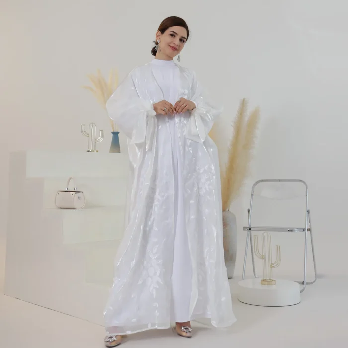 Floral Embroidered Shiny Satin Abayas Dubai Luxury Puff Sleeves Isalmic Clothing for Women Muslim Kimono Evening Party Wedding