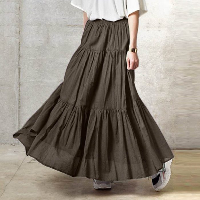 Autumn Summer Long Skirts Vintage Women's Ruffles Skirt Spring Solid Casual Loose Elastic Waist Skirts Oversize Female Bottoms