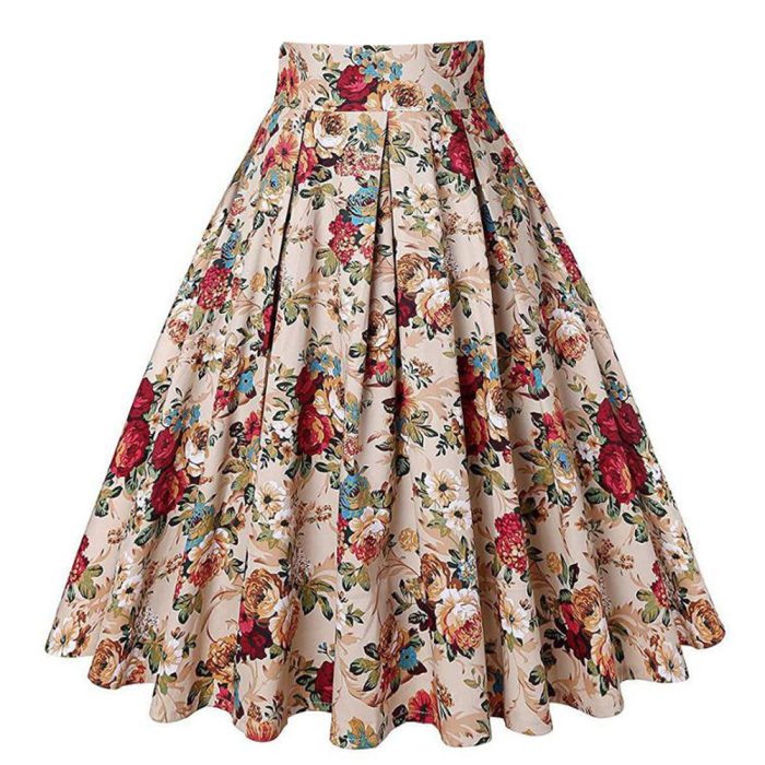 Summer French Style Women Short Vintage Pleated High Waist Floral Print Jupe Longo Elegant Ladies Office 50s Midi Tunic Skirts