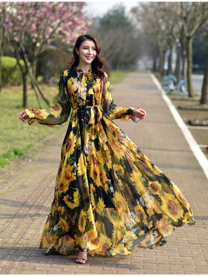 Floral Printed Maxi Dress Women's 2023 New Abaya Dubai Chiffon Muslim Big Hem Dresses Fashion African Turkey Islam Kaftan Robe