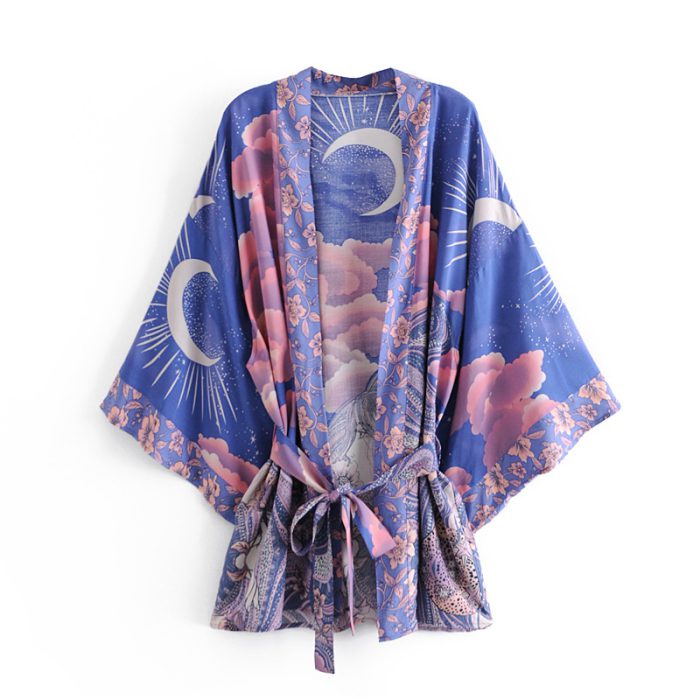 Vintage Short Resort Kimono Jacket Floral Print Bohemian Blusas Female Casual Coats Robes Ladies