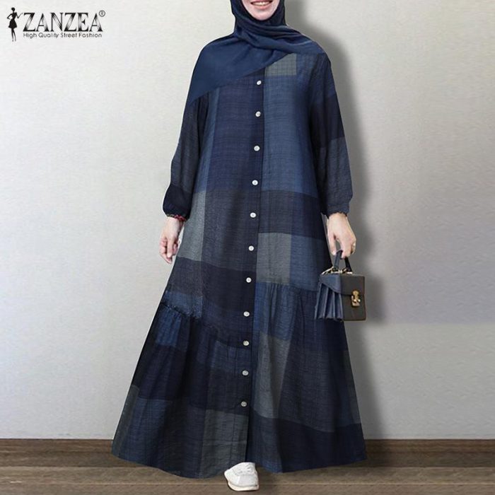Women Spring Muslim Dubai Abaya ZANZEA Plaid Check Long Dress Female Puff Sleeve Turkey Hijab Robe Spring Casual Button Vestidos