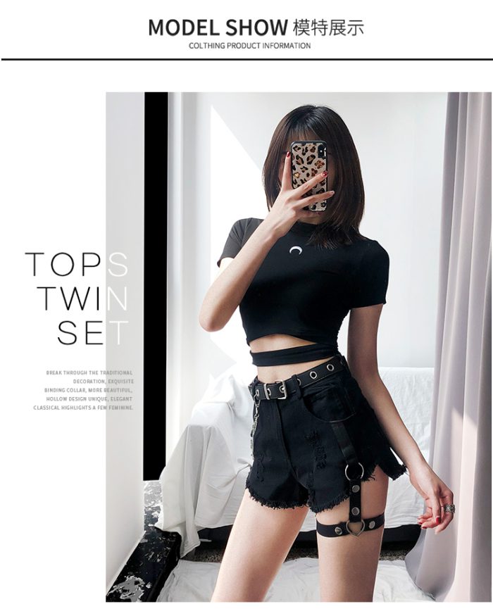 Summer Hot Denim Shorts for Women Sexy Rivet Ring Harness Band Casual Jeans Shorts High Waist Worn-out Hole Black Shorts Lady