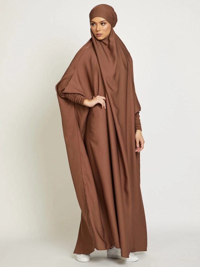 Muslim Women Jilbab One-piece Prayer Dress Hooded Abaya Smocking Sleeve Islamic Clothing Dubai Saudi Black Robe Turkish Modesty