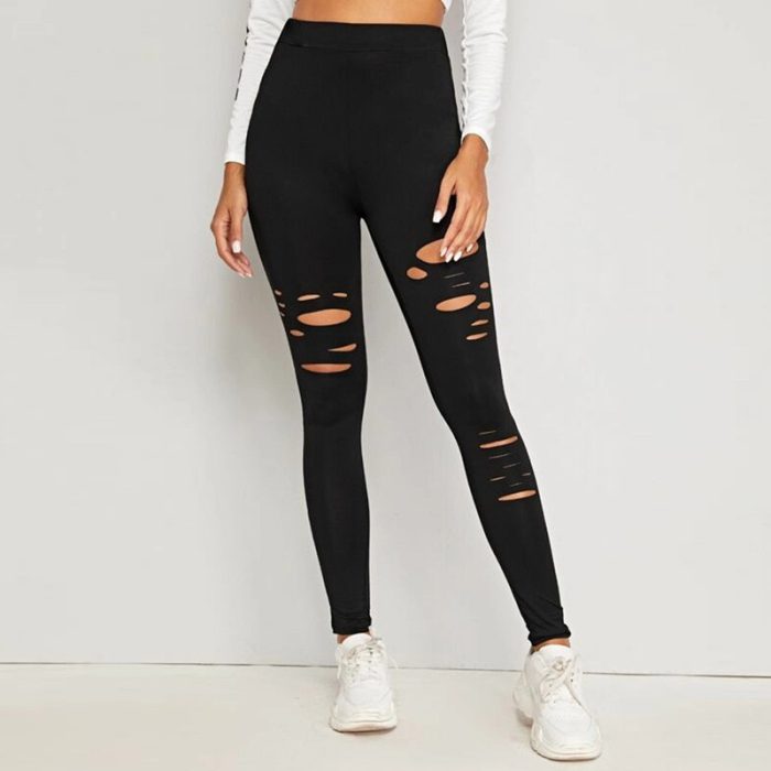 [You're My Secret] Fashion Shredded Leggings For Women Sexy Hollow Out Gothic Black Leggings Fitness Stretch Tight Pencil Pants