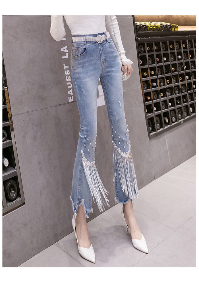 Tassel Heavy Industry Jeans Women's Spring And Summer New Flared Pants Women's High Waist Slim Tassel Nail Bead Capris