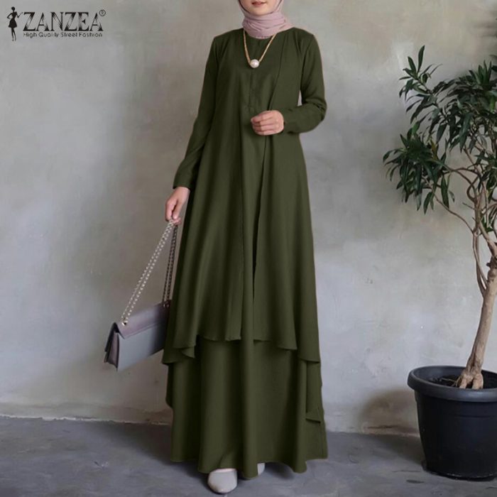 Irregular Hem Loose Long Dress Dubai Turkey Abaya Hijab Sundress Oversized ZANZEA Women Long Sleeve Muslim Kaftan Maxi Dresses