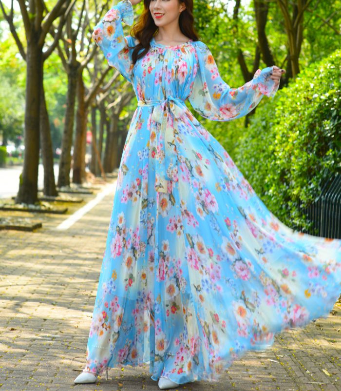 Summer Woman Beach Bohemian Maxi Dress Floral Printed Chiffon Fashion Abaya Islamic Clothes Muslim Saudi Arabia Loose Long Dress