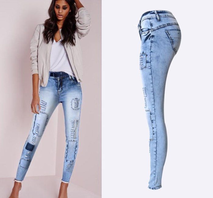 Summer Style Low Waist Sky Blue Patchwork Skinny Tights Women Pencil Jeans High Stretch Sexy Push Up Denim Women Fashion Jeans