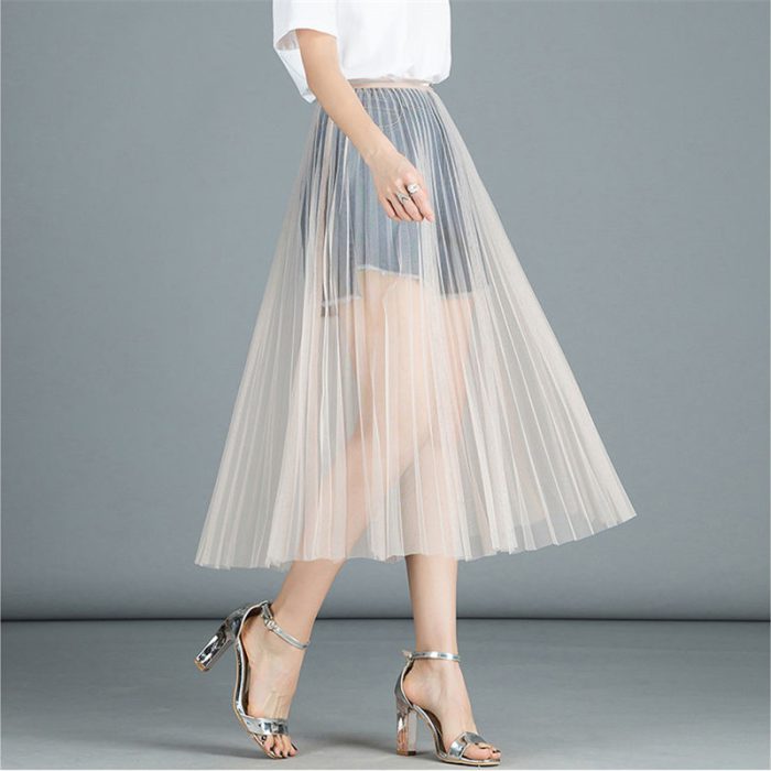 Women Sexy Mesh Lace Transparent Long Tulle Skirt Korean Fashion Summer Ladies Elastic High Waist Black White Beach Midi Skirt