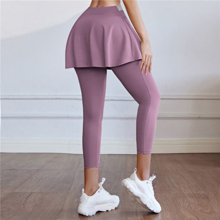 Sport Yoga Pants With Skirt Women Fake Two Pieces Sport Legging Gym Push Up Patchwork Crossover High Waist Tight Legging