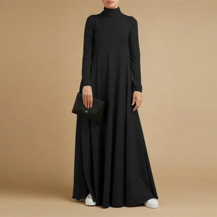Muslim Dresses Abayas for Women Vintage Solid Maxi Dress Women's Turtleneck Sundress Casual Long Sleeve Maxi Vestidos S-5XL