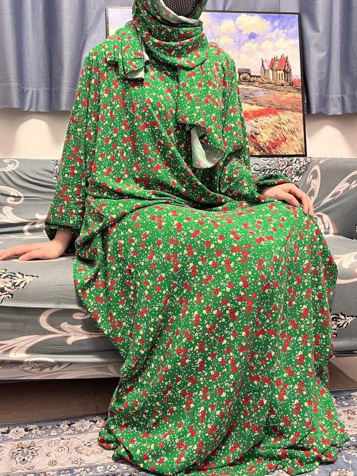 Muslim Rayon Abayas For Women 2023 Ramadan Prayer Dubai Turkey Middle East Femme Robe Floral Loose African Dress Turban Attached