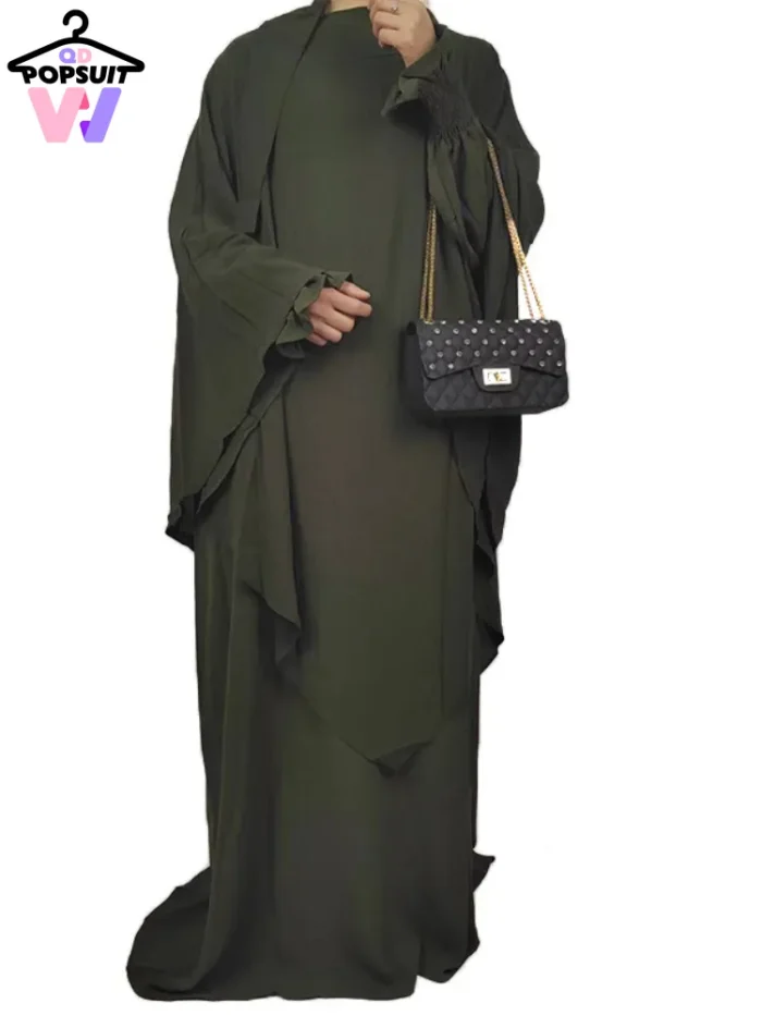 New in Dress Musilim Abaya Set WITH 2LAYER HIJOB Under Abaya Long Flare Sleeves Smocked Cuffs Over Sized Hemline Chain Back Robe
