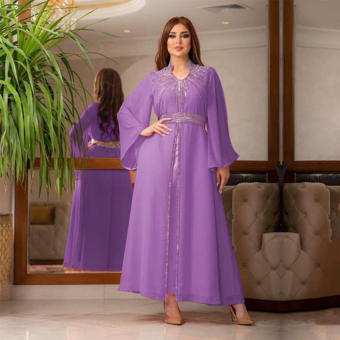Morocco Party Dress Women Muslim Abaya Stand Collar Fashion Dubai Abayas Diamond Kaftan Elegant Robe Vestidos Turkey Gown