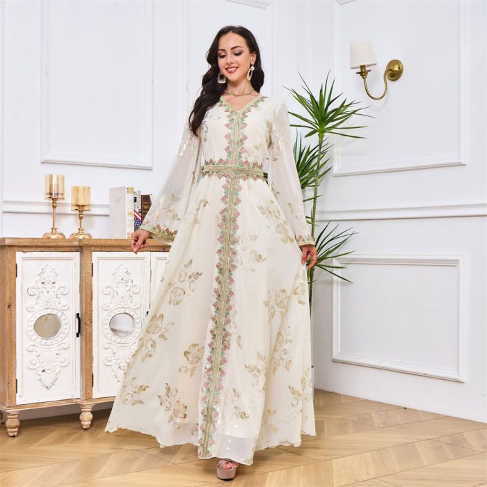 Siskakia Fashion White Printing Turkish Long Dress Female Tape Trim Full Sleeve V-Neck Belted Clothing Abayas For Muslim Women