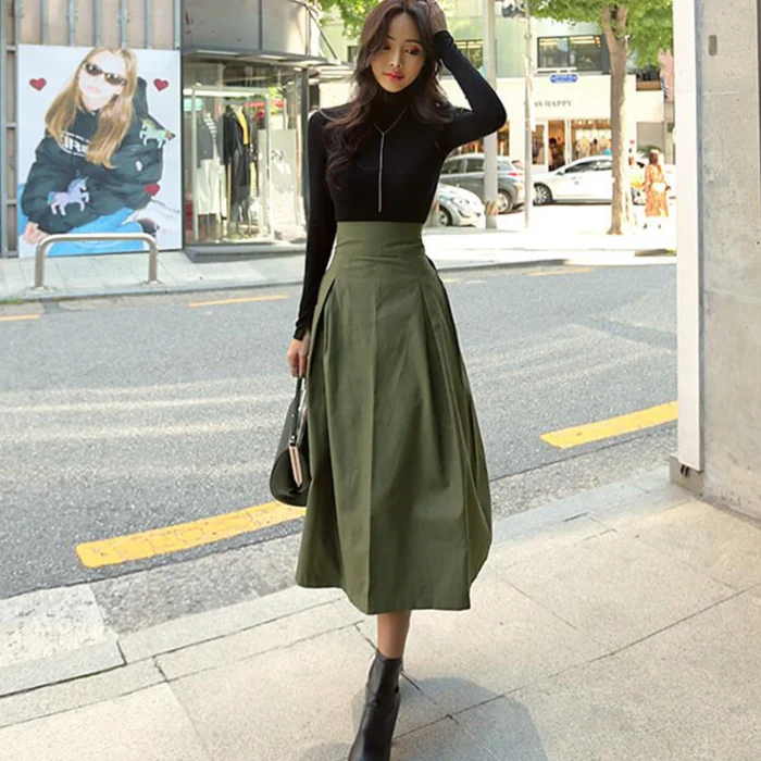 YtrKiasy Big Swing Women Skirt Long Skirt Autumn Wild High Waist Bow Slim Skirts Womens 2023 Korean Fashion Solid Color