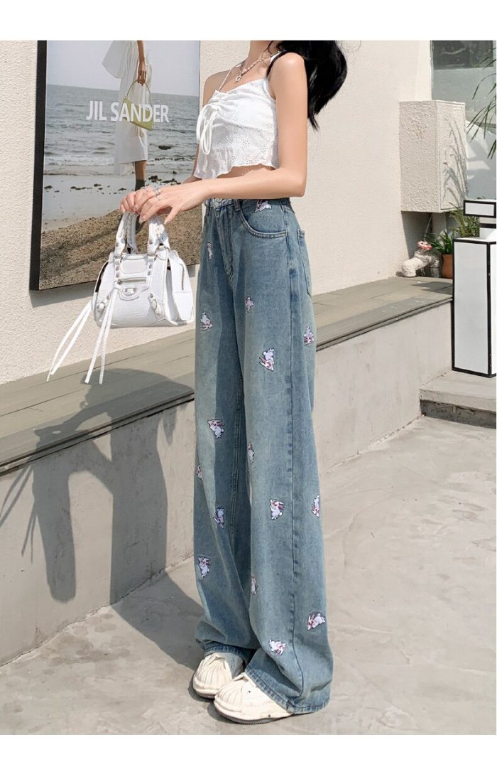 Rabbit Embroidered Wide Leg Jeans for Women's Spring Autumn New High Waist Straight Trousers Fashion Female Floor-Length Pants