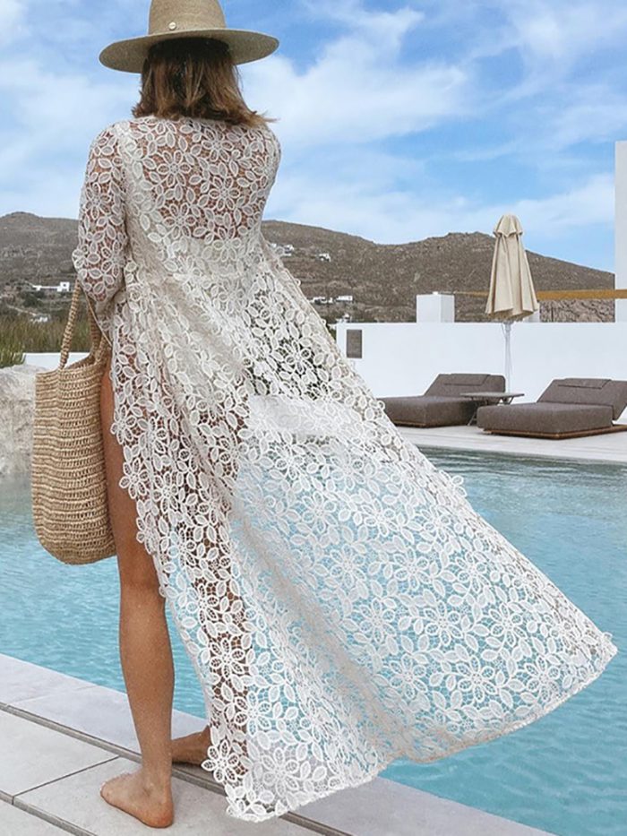 2023 Summer Women Sexy Lace Crochet Bikini Lady Cover Up Hollow Out Cardigan Solid Bathing Suit Long Sleeve Vacation Beach Dress