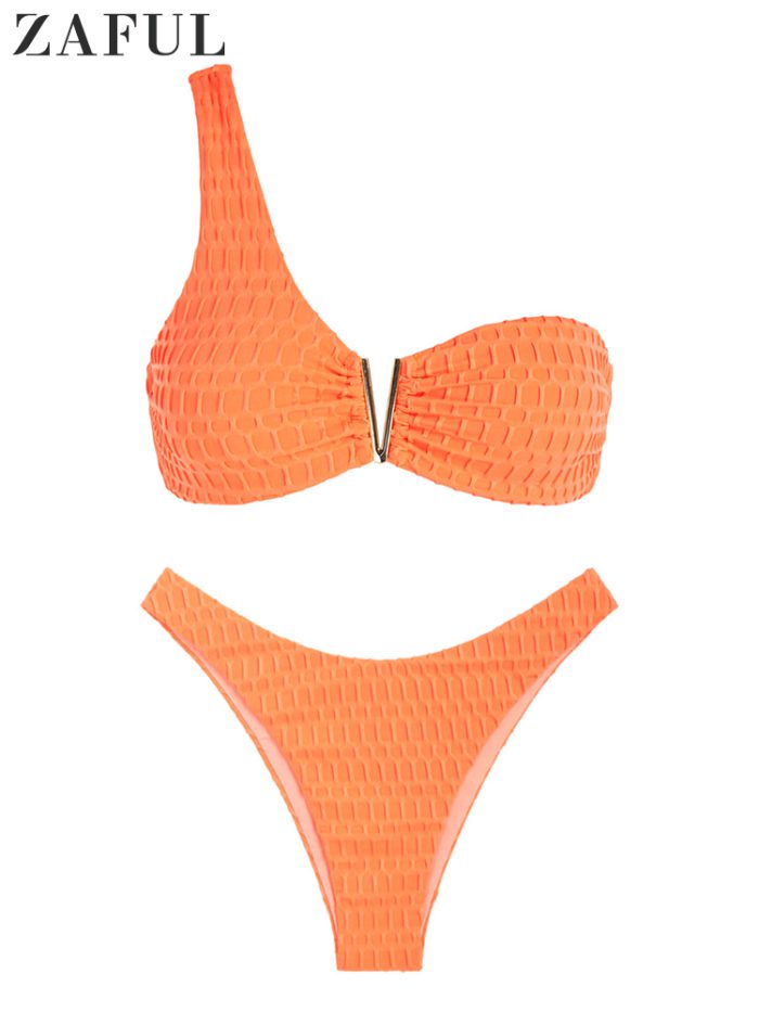 ZAFUL One Shoulder Swimsuit For Women High Leg V Neck Wire Top Brazilian Bikini Swimwear Set Sexy Honeycomb Textured Bathing