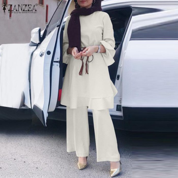 ZANZEA Lace-Up Solid Muslim Sets Abaya Kaftan Women O-Neck Flare Sleeve Buttons Blouse And Wide Leg Pants Elegant Vintage Suit