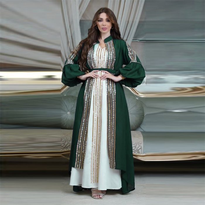 Siskakia Fashion Arab Muslim Party Long Dress Abaya Female 2 Piece Set Belt Sequins Puff Sleeve Maxi Moroccan Women Clothing