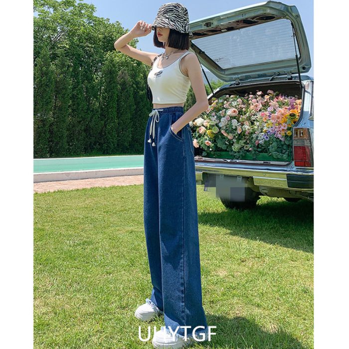 UHYTGF Spring Autumn Jeans Women's Straight Cylinder Burr Edge Mopping Pants Elastic Waist Plus Large Size New Women's Jeans 36