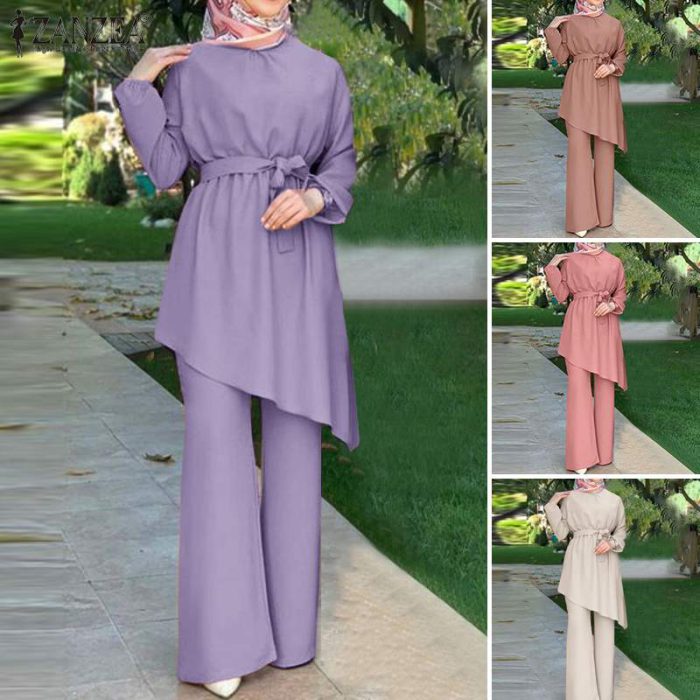 Women Autumn Blouses ZANZEA Fashion Muslim Sets Long Sleeve Turkish Blouses Pants Abaya Solid Islamic Clothing 2PCS Oversized