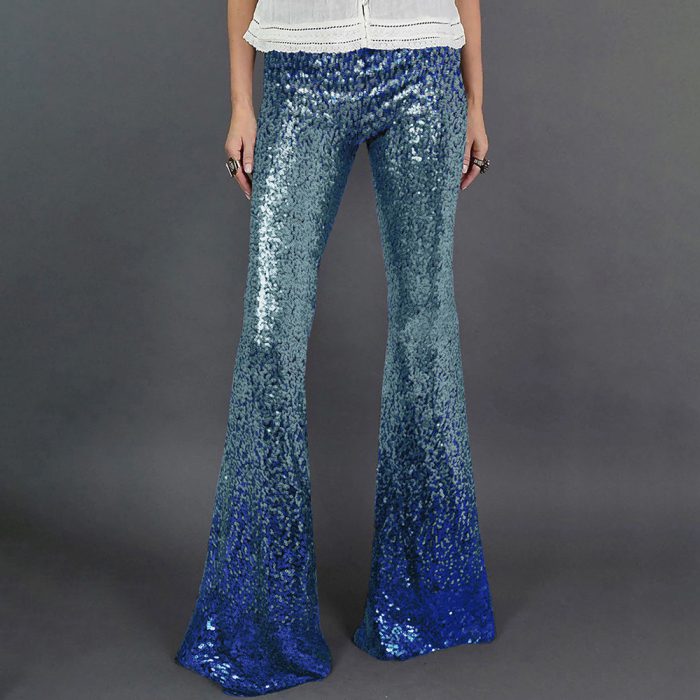 2023 Spring Summer Clothing Sparkly Gradient Sequin Flare Trousers Party Clubwear High Waisted Glitter Pants For Women