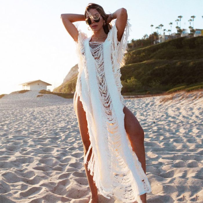 Knitted Beach Bikini Cover Ups Sleeveless Tassel Solid Cloak Dress 2023 Summer Holiday Sexy Hollow Out Beach Bathing Vestidos