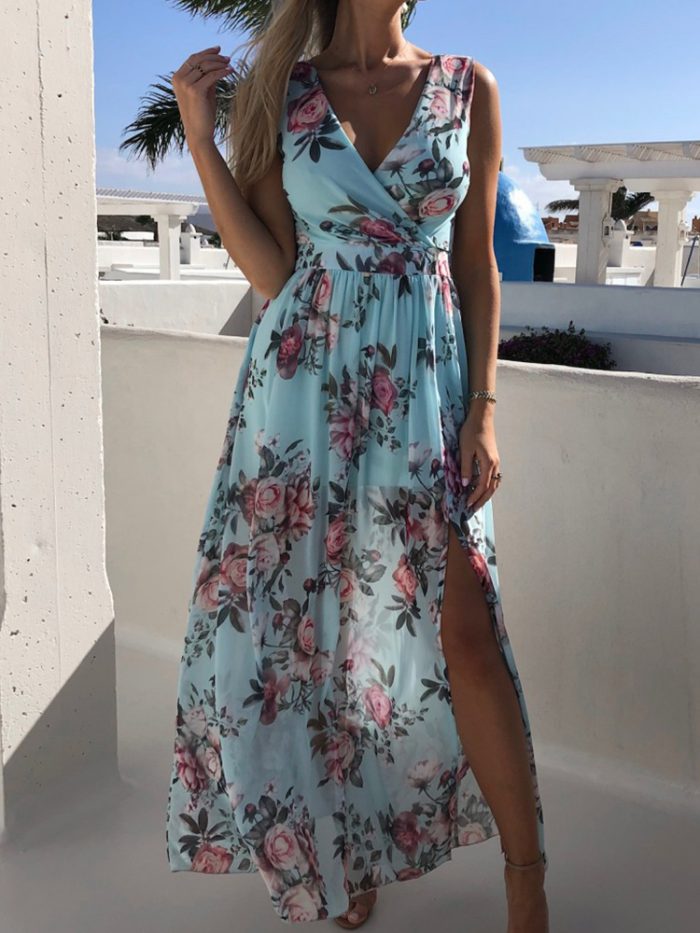 Summer Fashion Slim V-Neck Tie-Up Backless Chiffon Dress Sexy Sleeveless Slit Maxi Cover-Ups Robe Women Floral Print Beach Dress
