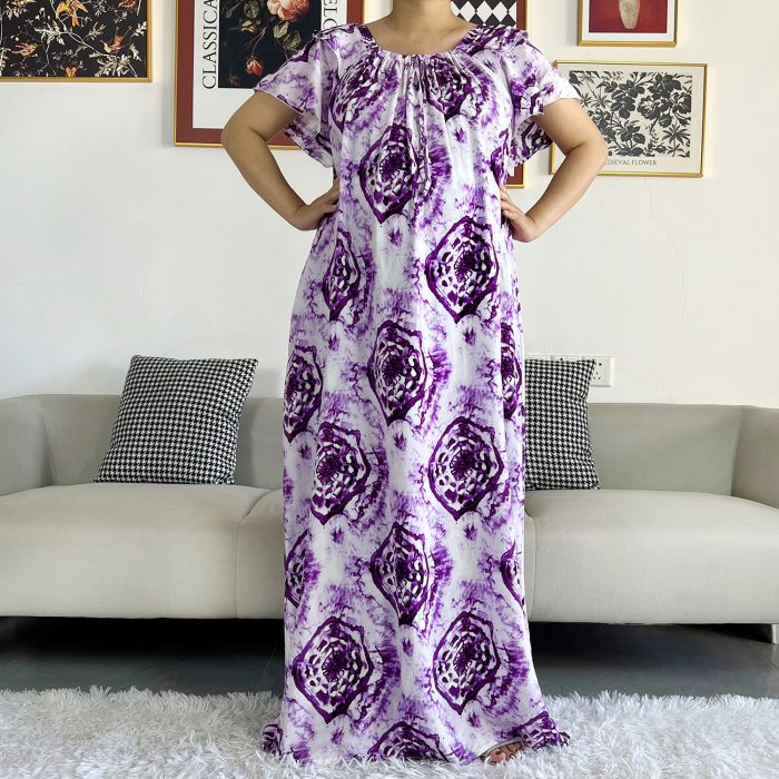 New Summer African Cotton Abaya Tie-dyed Floral Short Sleeve Loose Style Dashiki Dubai Stripe Long Lady Dresses For Lady