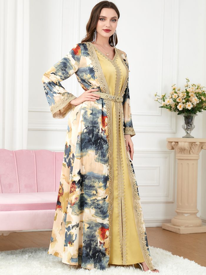 Moroccan Caftan Woman Jalabiya Abaya Muslim Dubai Ladies Luxury Belt Embroidery Kaftans 2 Piece Suit Islamic Long Dresses 2023