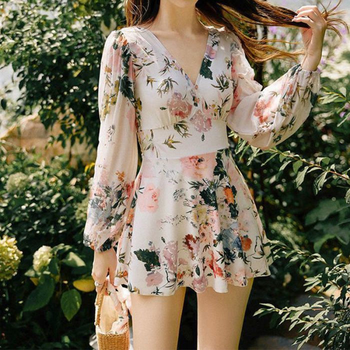 Sexy V-Neck Floral Print Long Sleeve Spring Autumn Womens With Chest Pad Without Steel Support Backless Conjoined Body Swimwears