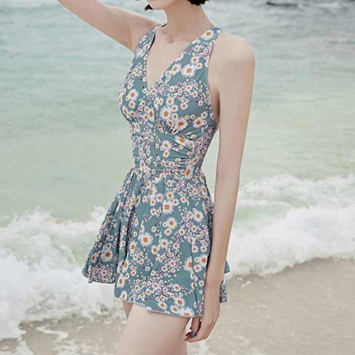 Summer Beach Sexy Off Shoulder Floral Printing Sleeveless V-Neck Backless One Piece Conservative Skirt Style Swimwear Women's