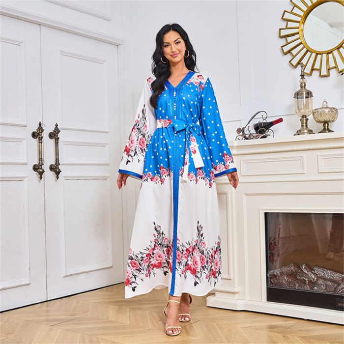 Siskakia Abaya Muslim Chic Contrast Color Printing Full Sleeve V-Neck Belted Clothing Elegant Long Dress For Women Saudi Arabia