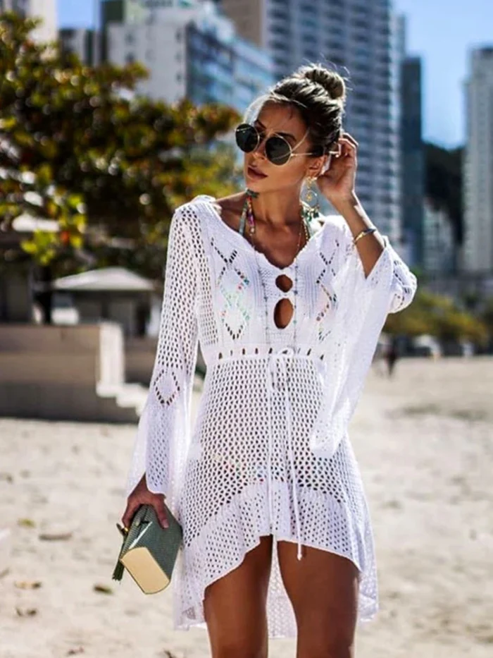 Women's Hollow out Knitwear Swimsuit 2023 Summer Shirt Trumpet Sleeve Beach Cover-ups One piece Tunic Outfit Dress