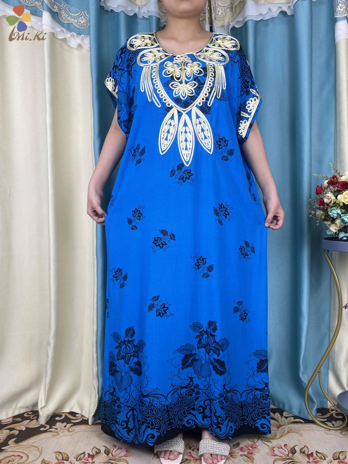 Summer Short Sleeve New African Abaya Dress Embroidery Printing Floral Women Loose Maxi Dubai Robe Femme Islamic Evening Dress
