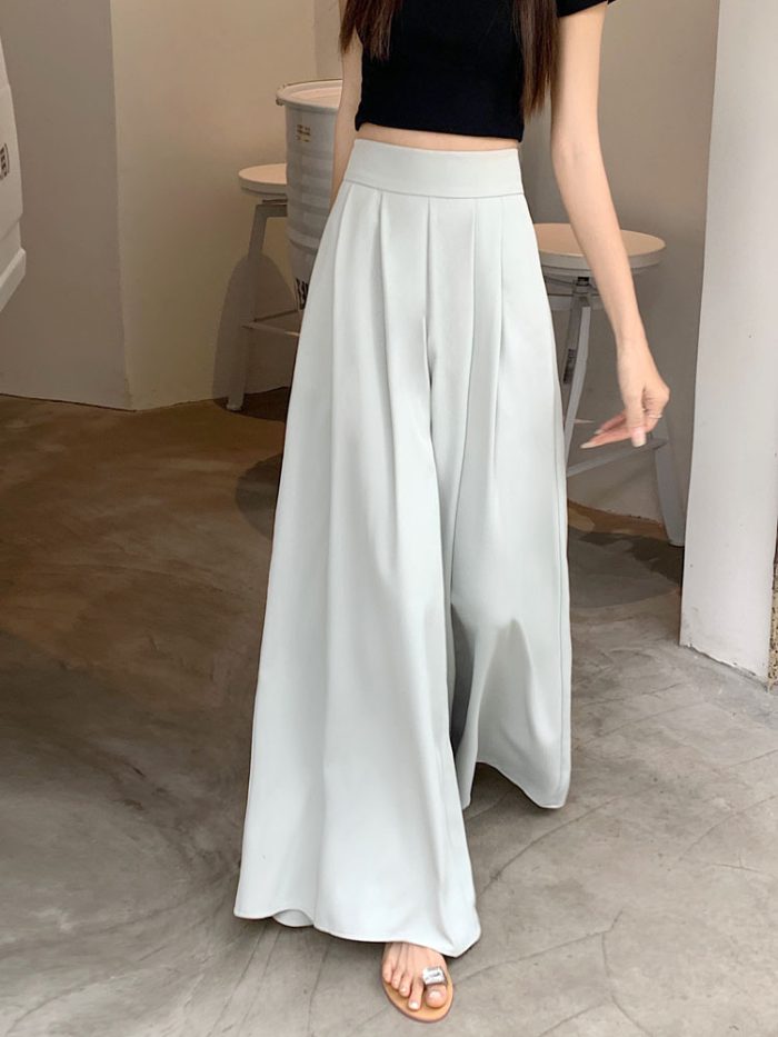2023 Autumn High Street Pleated Pants Skirts Women Solid Pleated High Waist Smocked Lounge Trousers Casual Loose Wide Leg Pants