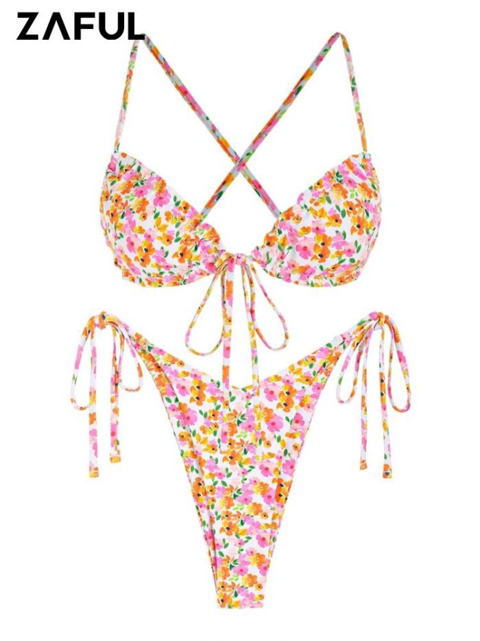 ZAFUL Ditsy Floral Swimsuit Bikini Set Swimwear Printed Frilled Tie Side Criss Cross High Leg Bohemian Padded Bikini Top Beach