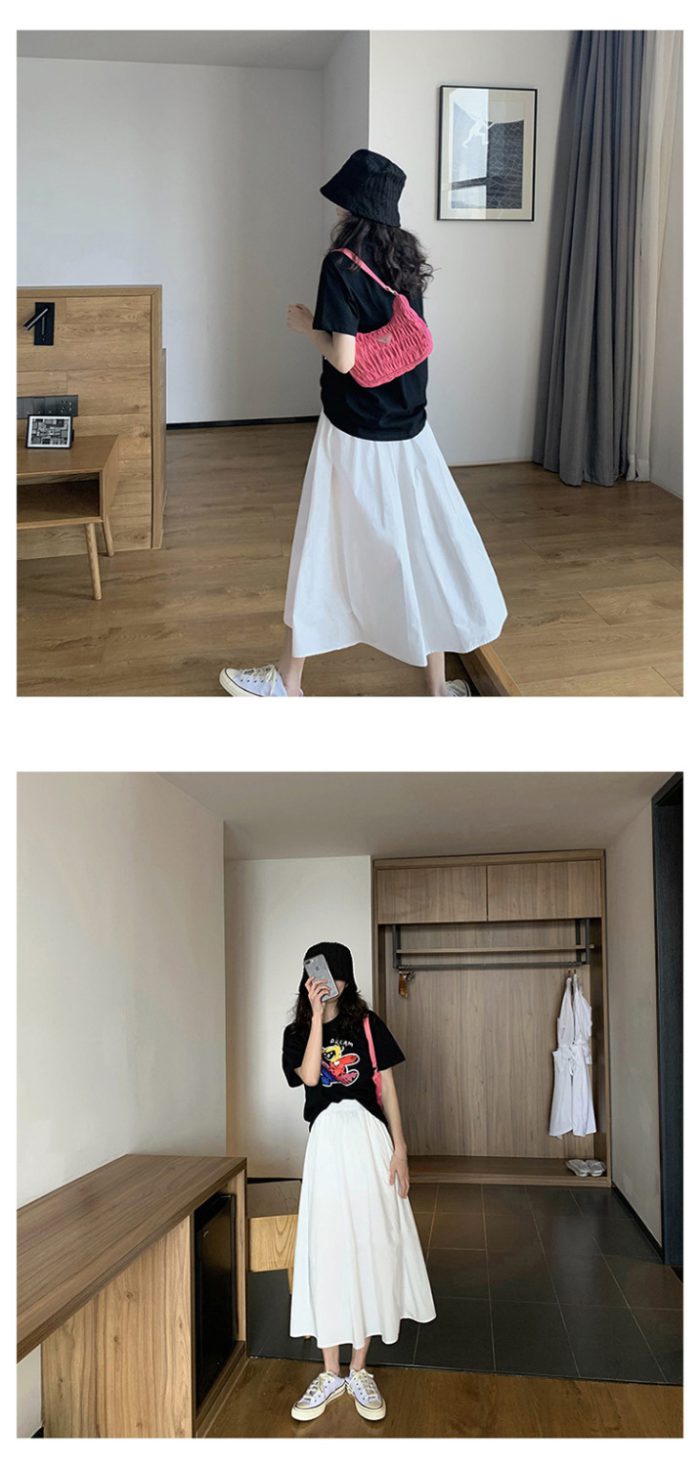 HOUZHOU A-line Long Skirt Women Summer 2023 Korean Style Vintage High Waist Elastic Loose White Black School Midi Skirt Casual