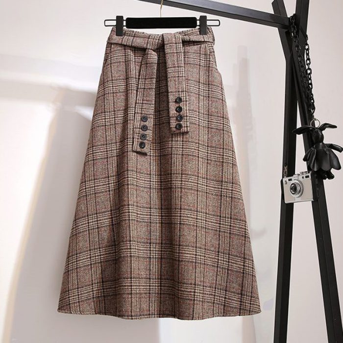 Rimocy Korean Woolen Plaid Skirt for Women 2023 Vintage High Waist Autumn Winter Skirt Woman with Belt A-Line Long Skirts Ladies