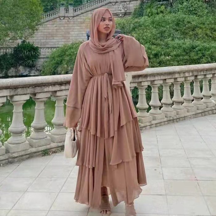 Fashion Stitching Muslim Dress Women Three-Layer Chiffon Elegant Abaya Ramadan Cardigan Hijab Marocain Dress Robe