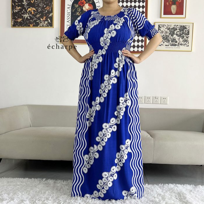 2023 New African Dashiki Cotton Floral Dress Printed Short Sleeve Collect Waist Straight Loose African Women Dress with Scarf