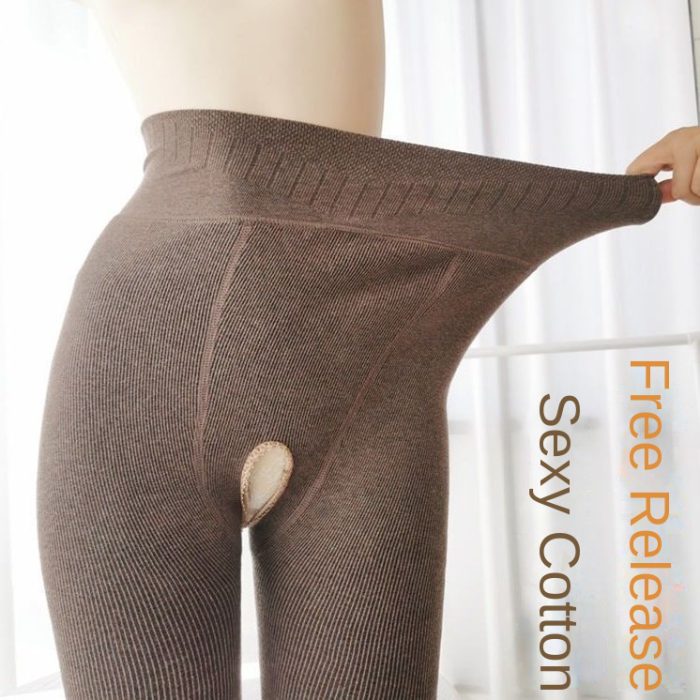 Lengthened Cotton Invisible Open Leggings Women's Warm Sexy Fall and Winter Outer Wear Vertical Stripes with Fleece Pantyhose