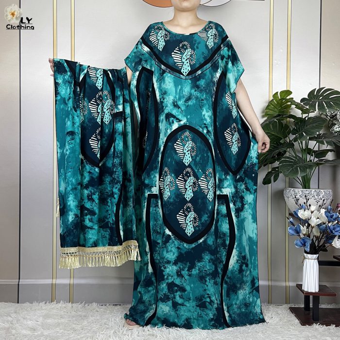 Muslim Abayas Women Short Sleeve 2023 New Summer Printed Cotton Loose Femme Robe African Dashki Kaftan Dresses With Lace Scarf