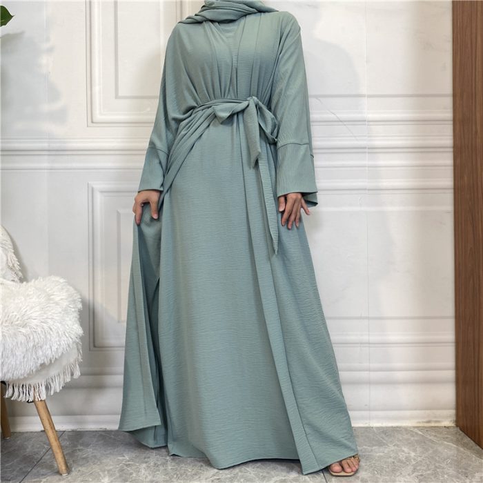2 Piece Abaya Set Simple Style Crinkle Fabric Kimono Sleeveless Dress Dubai Muslim Women Modesty Islamic Clothing Ramadan Eid