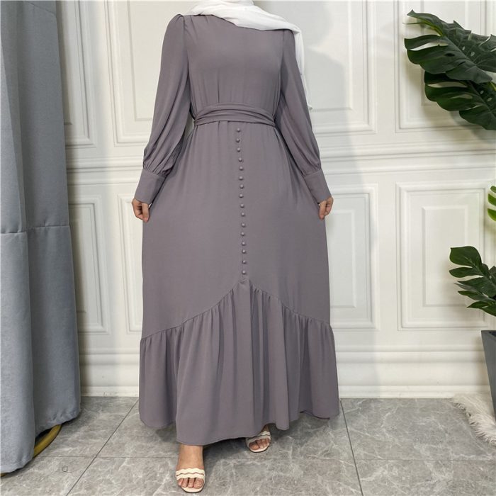 Women Muslim Dress with Pockets Chiffon Button Front Islamic Clothing Dubai Turkish Hijab Robe Casual Abaya